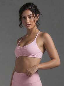 Women's Casual Sport Criss Cross Ruched Bust Removable Pads Crop Tops,Solid Color Adjustable Strap Basic Softery Camisole,For Yoga,Outdoor Sports - Pink - View 1