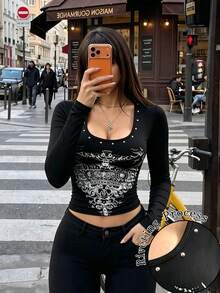 女款鉚釘裝飾修身百搭日常長袖T恤上衣，秋季女裝穿搭，女款秋季上衣 - 黑色 - 查看 3