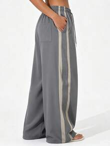 KyrLssu Side Stripe Star Embroidered Wide Leg Sweatpants, Elastic Drawstring High Waist Athletic Pants - Light Grey - View 5