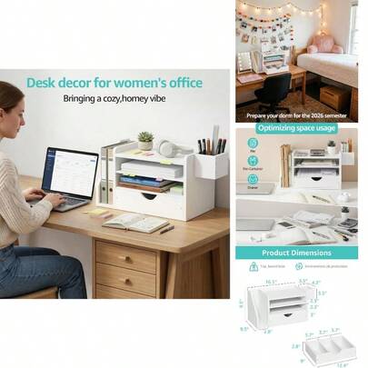 Organizadores y accesorios de escritorio de madera con cajón - Bandeja de papel blanca de 3 niveles y organizador de almacenamiento de escritorio, suministros de oficina, soporte inclinado para carpetas de archivos y taza para bolígrafos, artículos esenciales para dormitorios y escuela