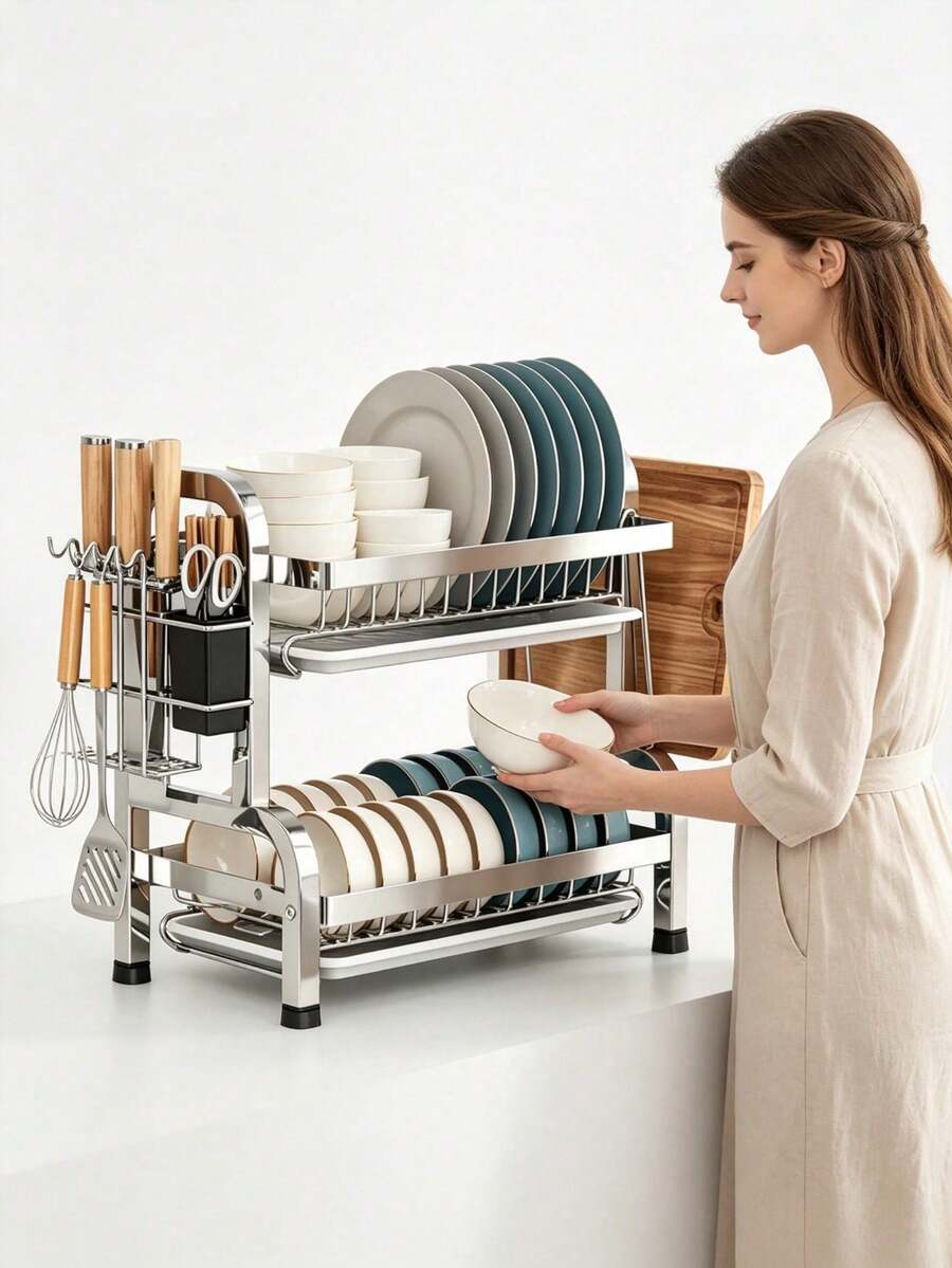 Single / Double Tier Dish Drying Rack, Ventilated Design For Fast Water Draining And Drying, Suitable For - Kitchen Countertop, Dish Drying, Plate And Bowl Storage, Storage Beside Sink, Home Kitchen Organization Range Couvert Range Couvert - Double-layer Dish Drying Rack - View 1