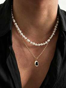 2pcs/Set Luxury Men's Pearl Collarbone Chain Set, Gold Twisted Rope Chain With Black Gemstone Pendant, Premium Layered Necklace Accessory - Gold - View 1