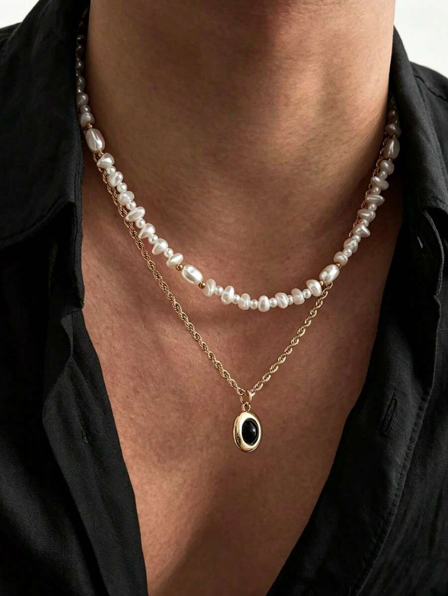 2pcs/Set Luxury Men's Pearl Collarbone Chain Set, Gold Twisted Rope Chain With Black Gemstone Pendant, Premium Layered Necklace Accessory - Gold - View 1