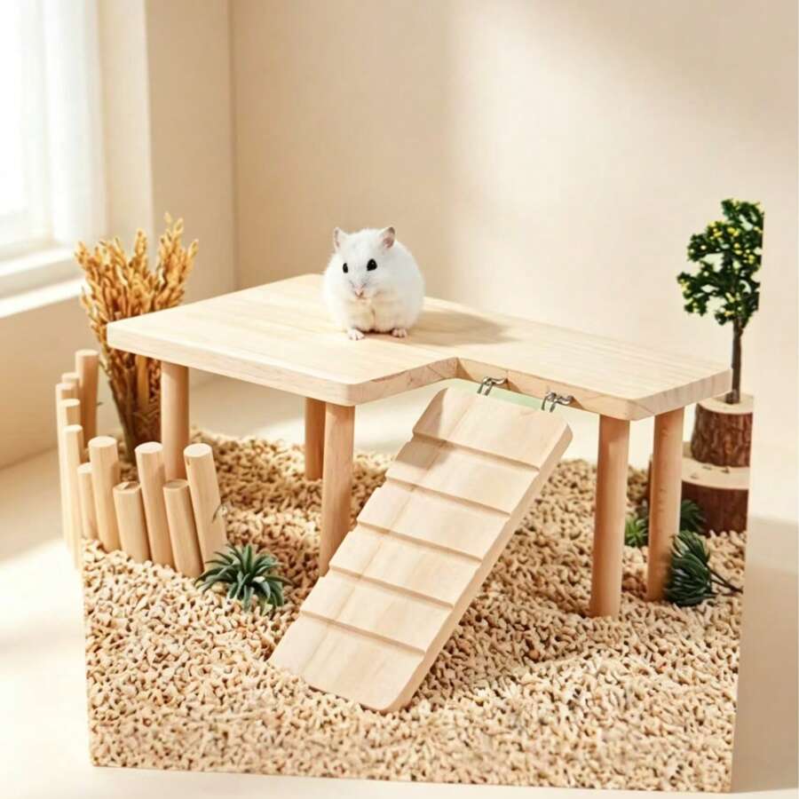 1 bộ bàn bục 2 tầng bằng gỗ tự nhiên kèm thang leo, cầu thang leo và nhà ẩn nấp cho chuột hamster, chuột gerbil, chuột lang, phù hợp cho thú cưng nhỏ, dùng cho mọi mùa - Màu mơ - Xem 1