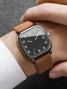 Men's Leather Strap Fashion Casual Square Minimalist Digital Scale Dial Classic Quartz Wrist Watch (1pc/Set) Watch Box Not Included - Brown - View 2