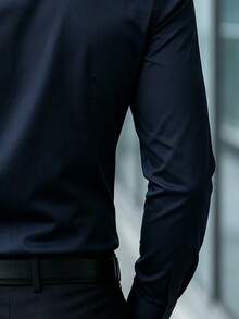 Men's Casual Business Long Sleeve Plain Black Dress Shirt, Versatile, For Fall - Navy Blue - View 4