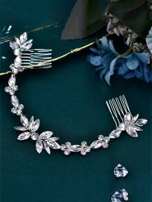 1Pc Silver Rhinestone Flower Bridal Hair Comb Handmade Women's Hair Band Suitable For Wedding Festival Party Hair Accessories - Silver - View 3