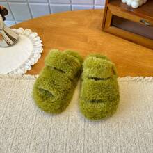 Children's Green Plush Slippers, Open Toe Plush House Slippers With Strap, Toddler Warm Soft Sole Anti-Slip Winter Indoor Shoes - Green - View 5