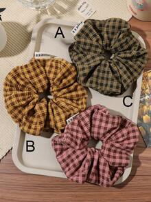 1pc Olive Green Orange Pink Brown Korean Style Plaid Ruched Scrunchie Soft Textured Fabric Hair Tie For Commute Girl Low Ponytail Bun - Multicolor - View 1