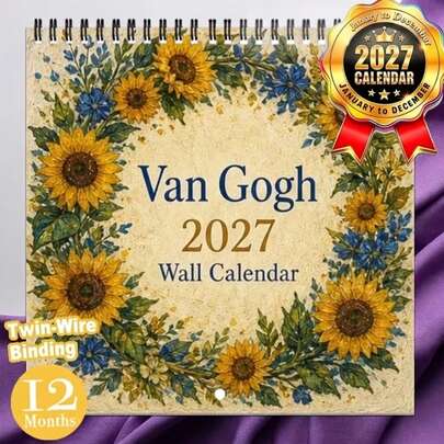 2027 Wall Calendar 1pc Van Gogh Sunflower Plant Theme 12-Month Calendar Spiral Bound Large Grid Writable Aesthetic Home Decor Christmas Gift