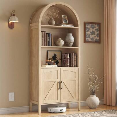 Estantería de Exhibición con Arco Alto Librería de 71 Pulgadas 5 Niveles con Puertas de Granero Estantes Ajustables Gabinete de Almacenamiento de Madera Armario para Sala de Estar Oficina en Casa Comedor, Roble