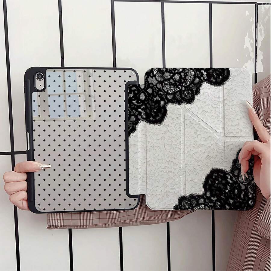 黑白蕾絲波點 Y 型支架保護平板保護殼，附筆筒，適用於 iPad 第 10 代 Smart Case/11(A16 2025)/適用於 Galaxy S9/S7/S10+/適用於 /適用於