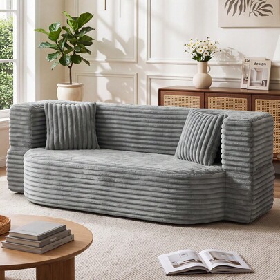 OYAJIA Modern Fluffy Sofa 3 Seater, 192cm Wide Low Profile Floor Couch With Extra Deep Seat, Soft Grey Fabric Lounge Sofa With Rounded Arms, Includes 2 Matching Throw Pillows, Comfy Couch For Living Room, Bedroom, Apartment, Guest Room, Office