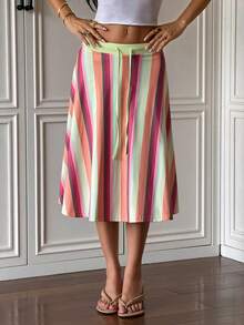 American Vintage Y2K Colorful Contrast Vertical Striped Mid-Length A-Line Skirt For Women, Low Waist Drawstring Elastic Waist Casual Draped Umbrella Skirt For Vacation - Multicolor - View 2