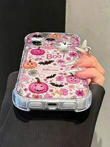 Phone Case - [2D Printed] Compatible With IPhone 18/18 Pro/18 Pro Max/17/17 Pro/17 Pro Max/16/15/14/13/12 Series, Pink Floral Boo Slogan Ghost Pumpkin Sweet Halloween Pattern Transparent Four-Corner Shockproof Phone Case, Lightweight And Protective, Unisex, Suitable For Daily Use - Clear - View 5