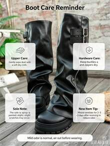 Women's Round Toe Chunky Boots, All-Season Pleated Cuff Pants, Side Zipper Buckle Design, Fashionable Long, Runs Small, Heel - Black - View 7