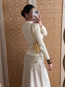 Women's Y2K Cream Beige Stand Collar Open Front Hollow Out Long Sleeve Slim Fit Ribbed Knit Sweater Top, Campus Style White Fall - White - View 6
