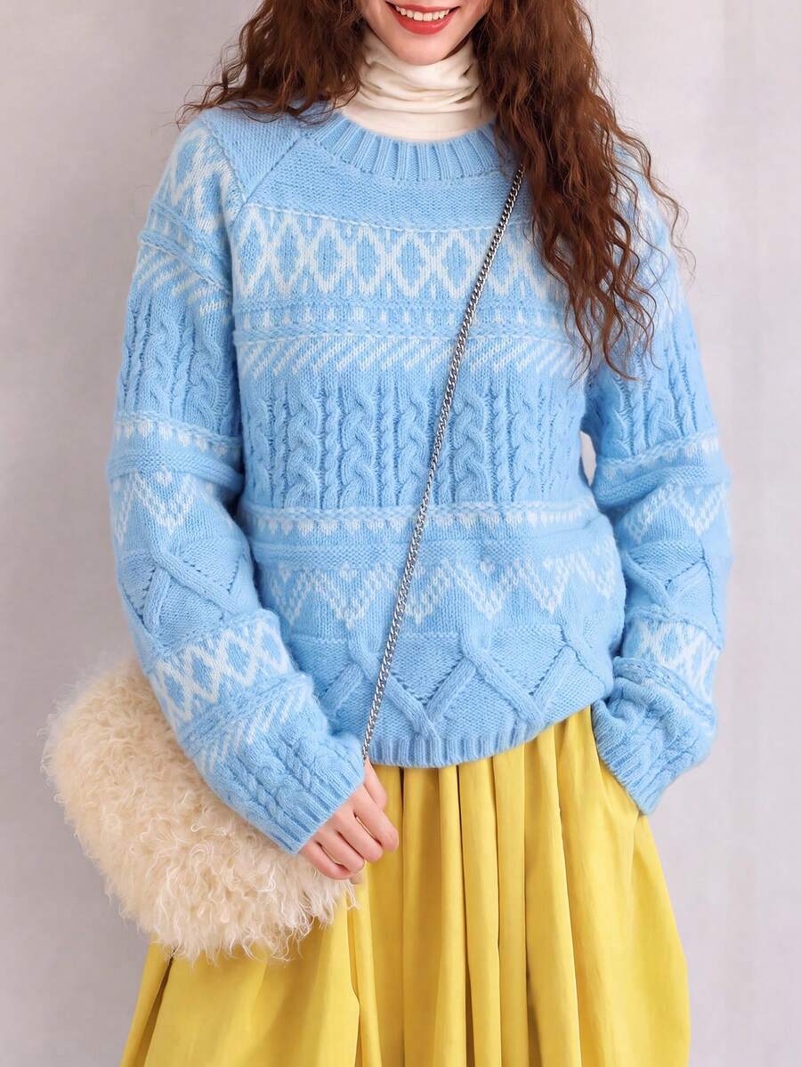 Women's Knitted Long Sleeve Pullover Regular Fit Blue & White Fair Isle Sweater, Suitable For Winter And Casual Daily Wear - Blue Tones - View 1