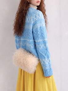 Women's Knitted Long Sleeve Pullover Regular Fit Blue & White Fair Isle Sweater, Suitable For Winter And Casual Daily Wear - Blue Tones - View 2