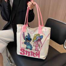 Back To School Disney Park Tote Bag: Stitch, Mickey & Minnie Full Print Canvas Tote, Large Capacity Cute Star Pattern With Pink Ribbon Shoulder Bag, Suitable For Women And Girls Daily Commute, Shopping, Leisure Use, Also A Great Party Gift Choice - Multicolor - View 5