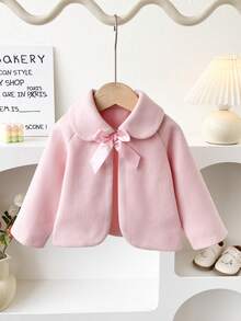 Autumn/Winter French Style Baby Girl Cute Pink Solid Color Lapel Overcoat Princess Bow Short Outwear Top - Pink - View 1