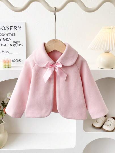 Autumn/Winter French Style Baby Girl Cute Pink Solid Color Lapel Overcoat Princess Bow Short Outwear Top