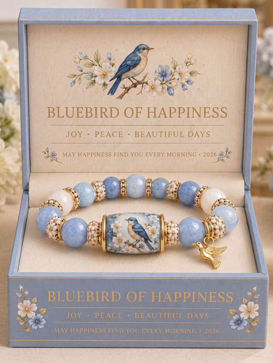 1件裝 Happy Blue Bird 藍色瑪瑙水晶療癒串珠手鍊,彈力串珠設計,配藍色小鳥吊墜裝飾,附精美禮盒包裝,適合女孩生日或節日禮物 - 彩色 - 查看 1