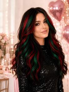 6pcs Red & Green Dual-Color Clip-In Hair Extensions, Quick Clip-In Colored Straight Hair Pieces, One-Piece Invisible Hair Clip, Easily Add Layers, Suitable For Halloween, Christmas, Party, Festival And Daily Styling - Multicolor - View 2