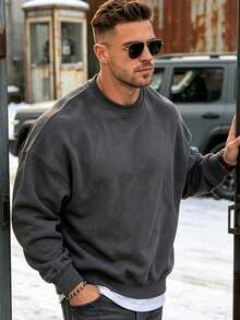 Men's Thermal Lined Sweatshirt, Fashionable Sports Crew Neck Top, Suitable For Daily Wear, Exercise And Vacation, Great Gift For Husband - Dark Grey - View 3