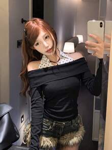Autumn/Winter Sexy Style Black Halter Neck Knit Top, Ribbed Slim Fit, Sexy Shoulder-Baring Innerwear/Outerwear - Black - View 1