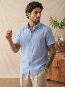 glestore Men's Vintage Old Money Aesthetic Linen-Texture Solid Color Short Sleeve Button-Up Shirt, Casual Versatile All-Season - Baby Blue - View 2
