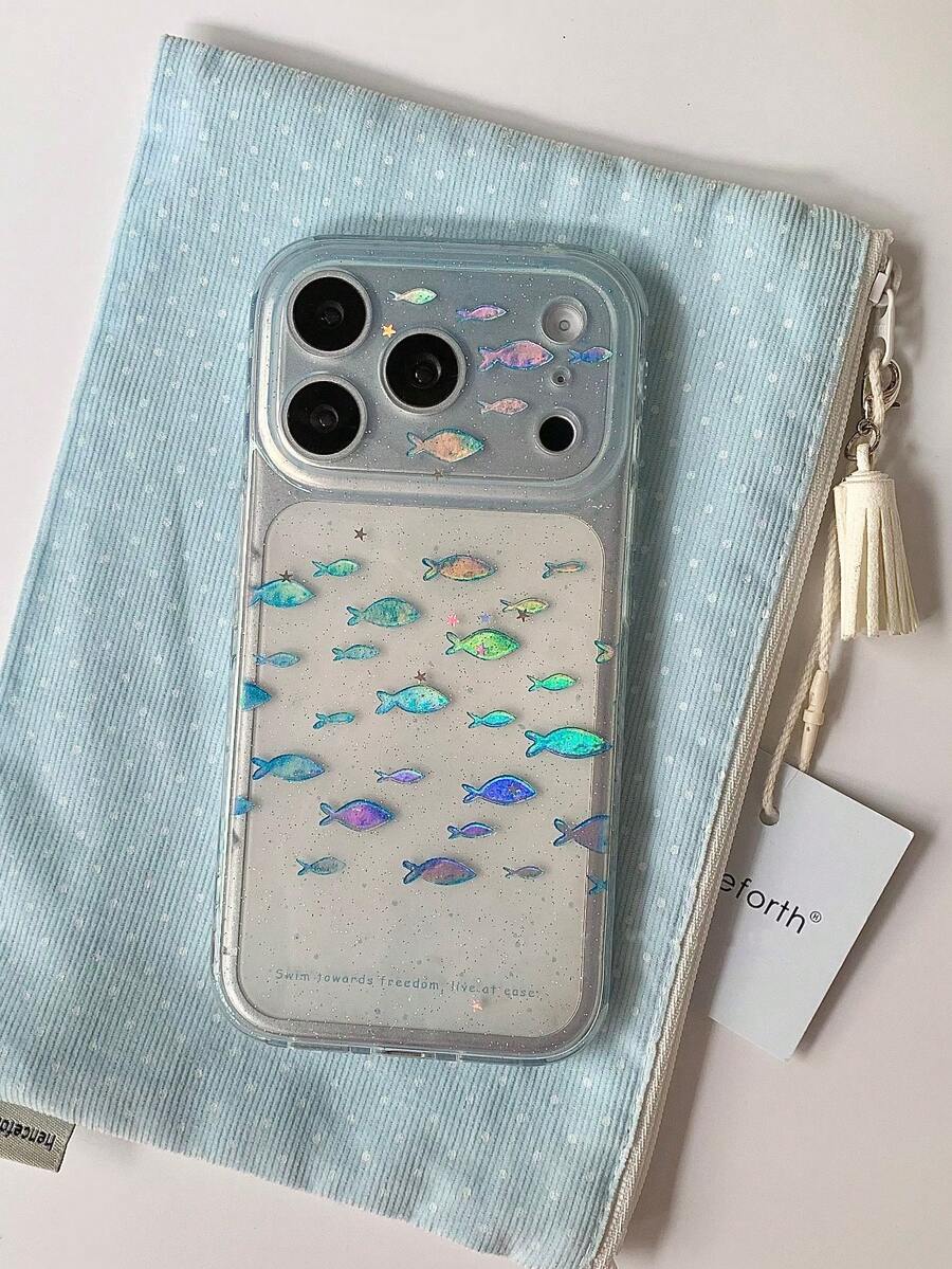 Clear Blue Glitter Gold Fish Double Layer Phone Case Compatible With Apple 18 Pro Max, New Apple 17 Pro/15 Pro Max Protective Cover, Anti-Drop, Compatible With 16 Pro