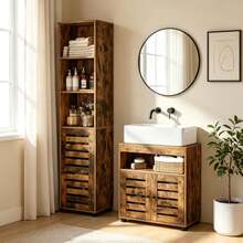 VASAGLE Mueble de Lavabo, Mueble de Baño, Armario de Almacenamiento, 30 x 60 x 64 cm, Apto para Lavabos sin Pedestal, con 2 Puertas de Persiana, Tablero Ajustable, Marrón Rústico - Óxido marrón - Ver 1