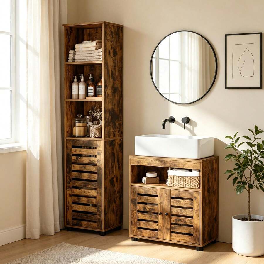 VASAGLE Mueble de Lavabo, Mueble de Baño, Armario de Almacenamiento, 30 x 60 x 64 cm, Apto para Lavabos sin Pedestal, con 2 Puertas de Persiana, Tablero Ajustable, Marrón Rústico - Óxido marrón - Ver 1