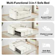 2‑Seater White 3‑In‑1 Sleeper Sofa Bed, Convertible Pull‑Out Double Couch, Built‑In Hidden Small Table & Cup Holders For Small Spaces - White - View 6