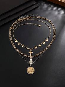 3pcs/Set Men's Vintage Distressed Colorblock Layered Necklace, Cross & Carved Round Pendant, Niche Personalized Outfit Accessory - Multicolor - View 3