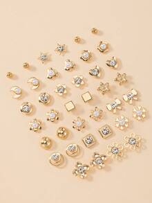20 Pairs Minimalist Stud Earrings Set, Bow, Flower, Moon, Heart And Geometric Pattern Combination Earrings, Suitable For Women's Daily, Casual, Outing, Vacation Wear, Perfect Gift For Friends - Yellow Gold - View 5