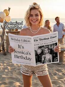 1pc Customized Birthday Newspaper Poster, Personalized Photo Name Date Birthday Email Print, Photo Booth Prop Reception Decor, Engagement Birthday Decoration, Party Gift, Birthday - Multicolor - View 3