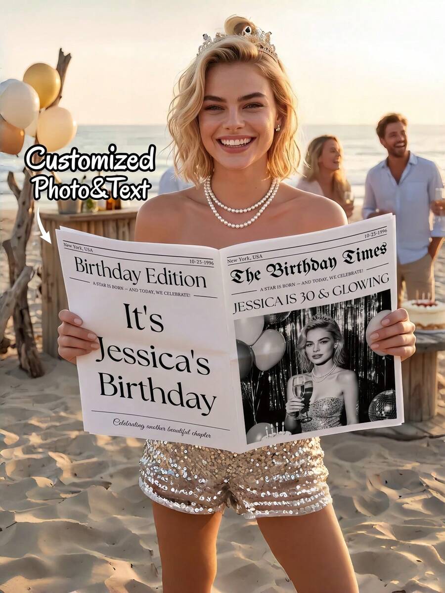 1pc Customized Birthday Newspaper Poster, Personalized Photo Name Date Birthday Email Print, Photo Booth Prop Reception Decor, Engagement Birthday Decoration, Party Gift, Birthday