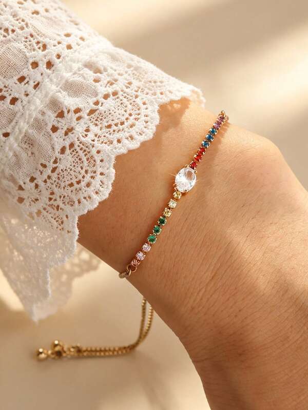 Fashion New Colorful Shiny Synthetic Cubic Zirconia Adjustable Bracelet Jewelry For Women, Suitable For Daily Basic Wear And Gifting (Zirconia Color Random)