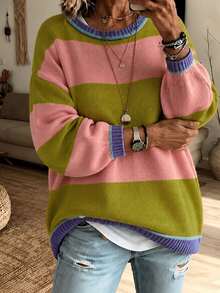 Plus Size Women's Striped Knit Pullover Sweater, Long Sleeve Round Neck Drop Shoulder Ribbed Top, Suitable For Autumn/Winter Season - Multicolor - View 4