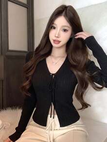 Sexy Style Design Tie-Up Deep V-Neck Long Sleeve Cardigan Women's Autumn Loose Versatile Outerwear Top - Black - View 1