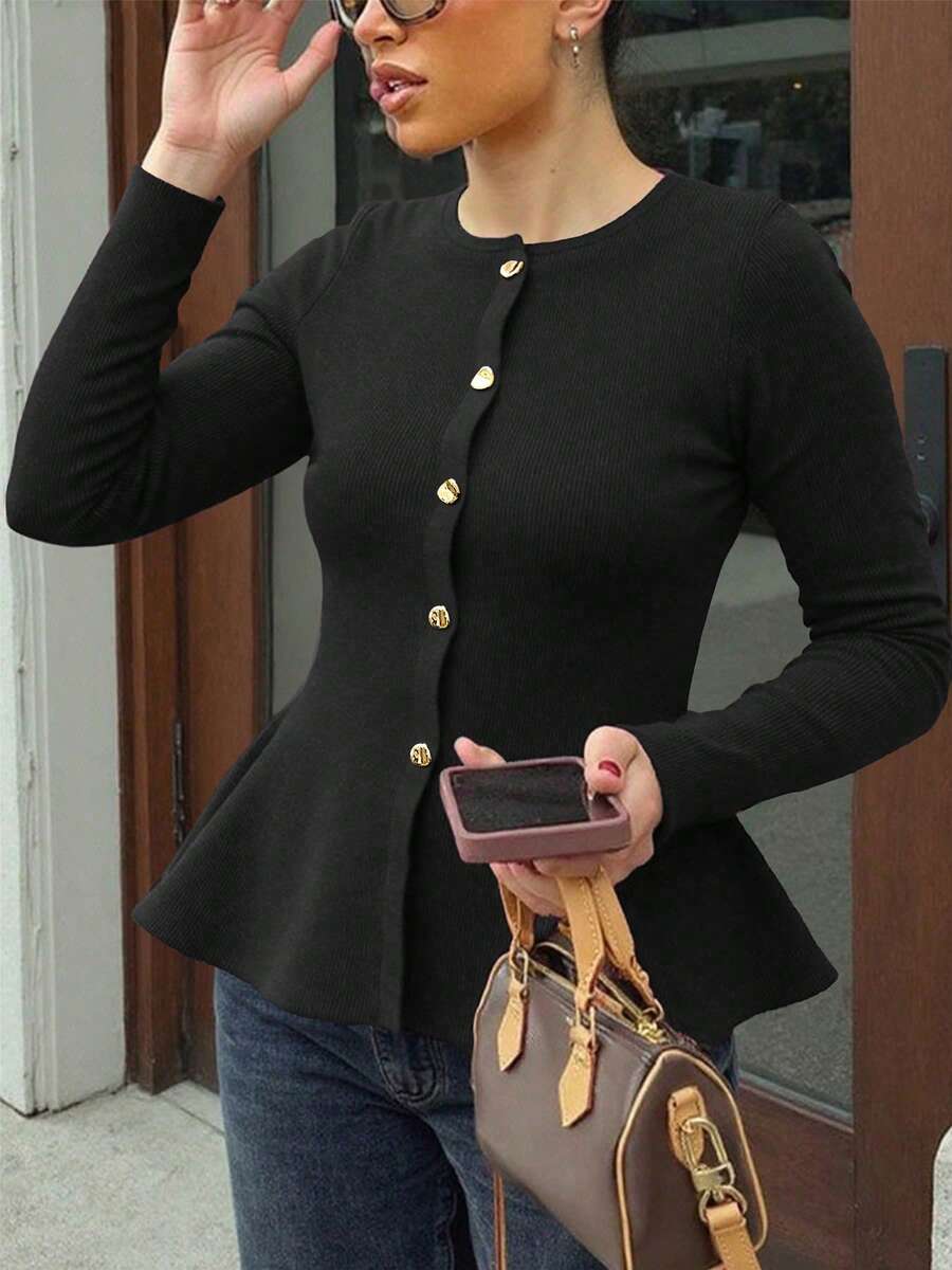 女款大尺碼秋冬純色長袖圓領開襟針織衫,荷葉邊下擺增添優雅時尚感,精緻百搭,適合拍照、日常穿著或散步 - 黑色 - 查看 1