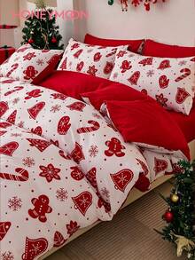 2/3pcs Gingerbread Man Print Duvet Cover Set, 1 Duvet Cover + 1/2 Pillowcases (Insert Not Included), Soft & Breathable, Fashionable Christmas Decor Bedding, Essential For Bedroom And Dorm - Multicolor - View 1