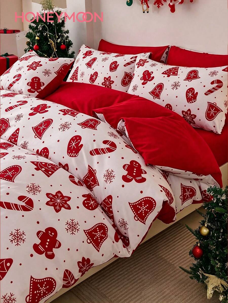 2/3pcs Gingerbread Man Print Duvet Cover Set, 1 Duvet Cover + 1/2 Pillowcases (Insert Not Included), Soft & Breathable, Fashionable Christmas Decor Bedding, Essential For Bedroom And Dorm - Multicolor - View 1