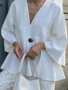 Women's White V-Neck Ruffle Top, Wrist-Length Sleeves, Semi-Sheer Woven Fabric, Fashionable Versatile, Suitable For Autumn Wear - White - View 3