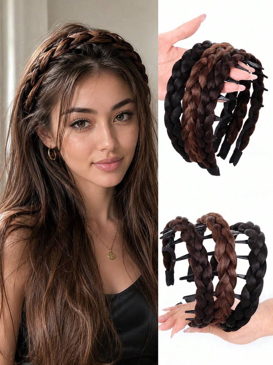 Fishbone Braid Headband With Non-Slip Comb Teeth, Natural Voluminous High Crown Hairband, Suitable For Women's Daily Wear, Realistic Synthetic Hair, Multiple Colors Available. Versatile Hair Accessory For Vacation, Daily Commute, Photography, Easily Flattering Face Shape, Enhancing Styling Layered Look, Simple And Easy To Match With Various Outfits. Halloween Hair Accessory, Headband, Hair Hoop, Headpiece - Multicolor - View 1