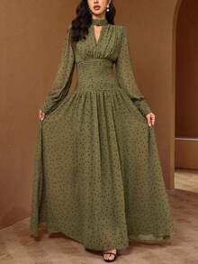Women's Polka Dot Pleated Casual Party Dress - Army Green - View 5