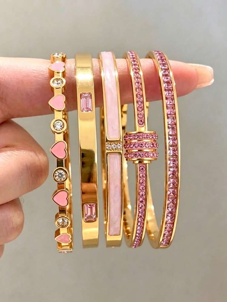 Camhanno 1/5pcs Set Fashionable Luxury Stainless Steel Bracelet, Suitable For Outfit Matching, Also A Great Gift For Friends, Family And Mothers - Pink - View 15