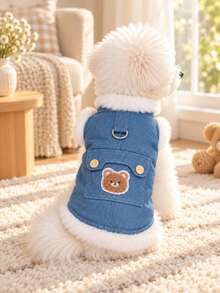 Cute Bear Print Double-Layer Fleece Pet Vest - Thickened Warmth, Soft & Comfortable, With Warm Wool Lining, D-Ring Chest Strap, Cute Bear Design - Winter Pet Jumpsuit (Blue) - Blue - View 5